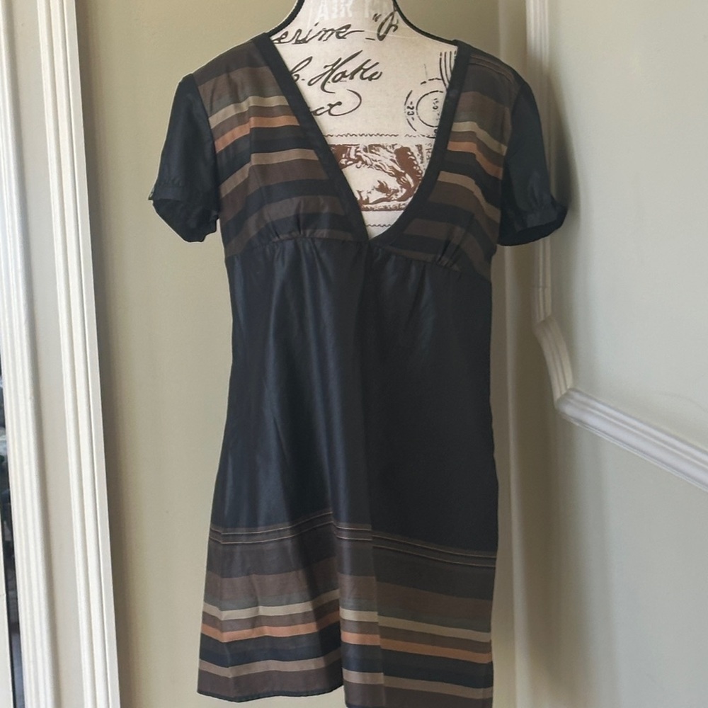 Promod Black and Brown Striped V-Neck Tunic/Mini Dress Size 12